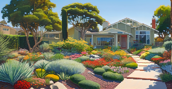 A vibrant garden in Santa Monica with diverse native plants and modern homes in the background, illuminated by sunlight.
