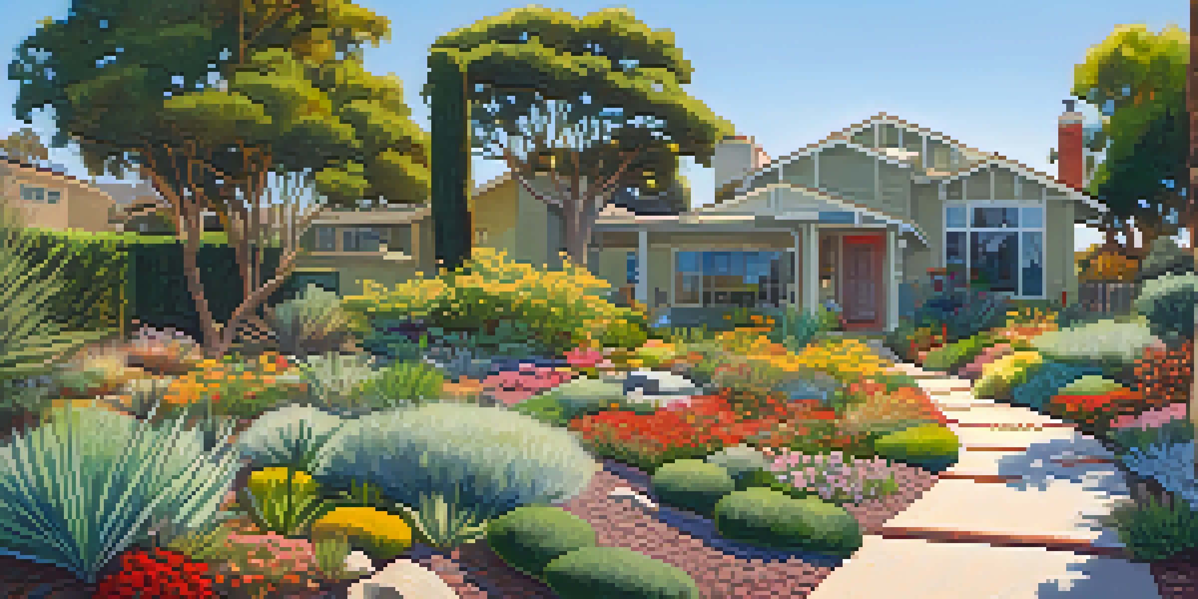 A vibrant garden in Santa Monica with diverse native plants and modern homes in the background, illuminated by sunlight.