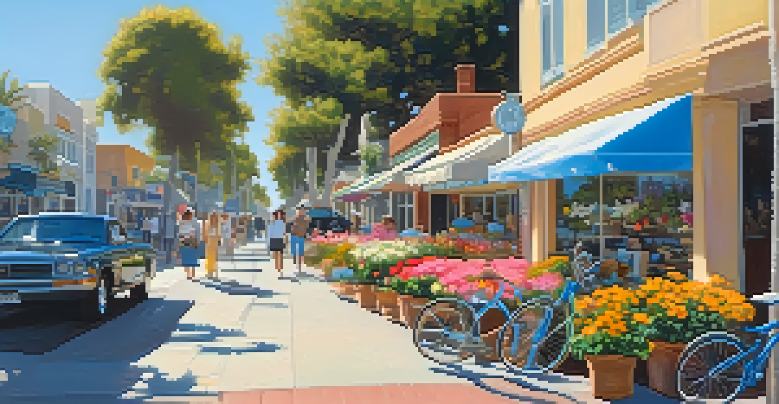 A lively Santa Monica street with blooming flowers, people walking, and cafes, under a bright blue sky.