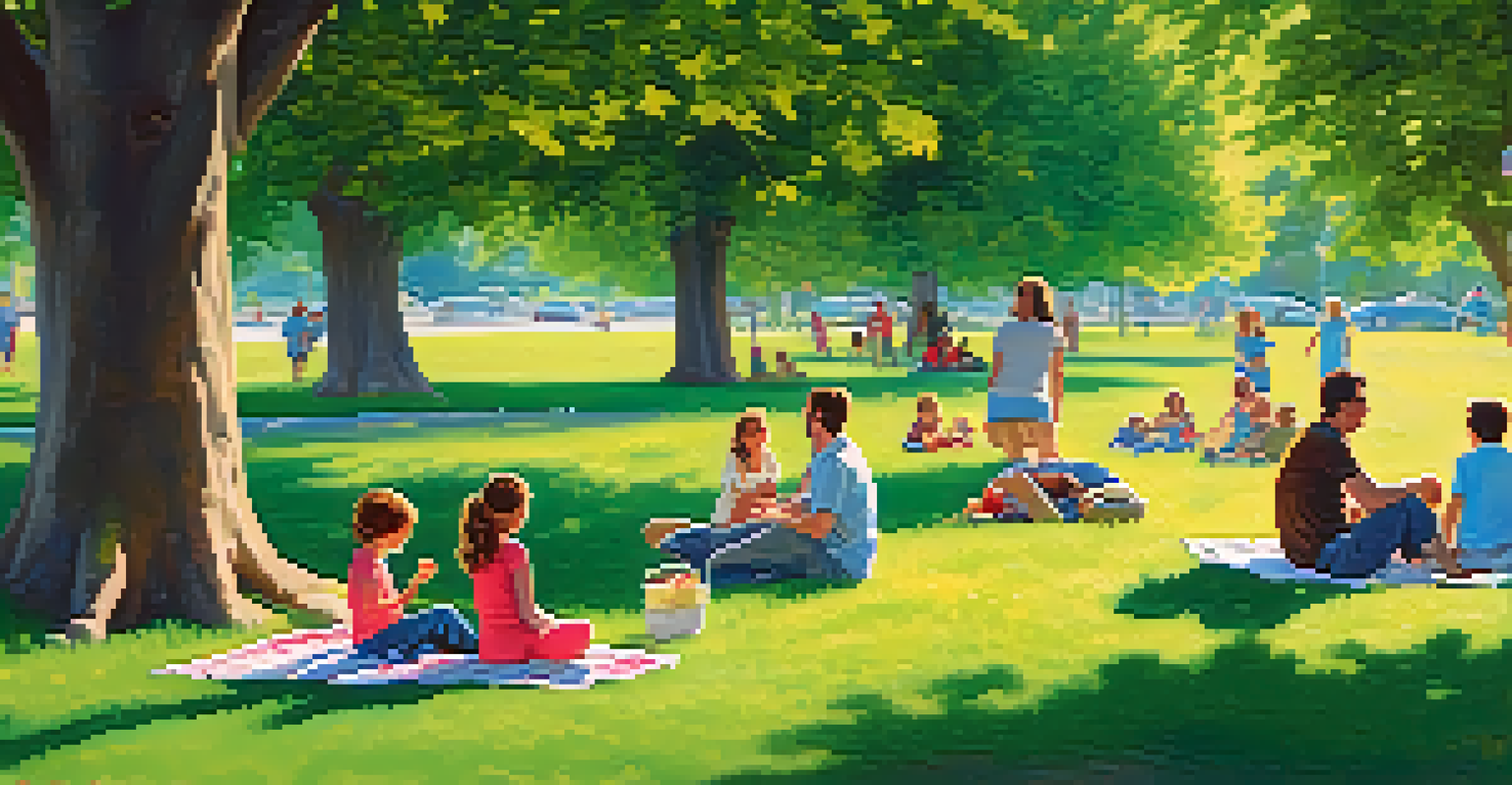 A family picnic in the park with children playing, surrounded by lush grass and trees, under a bright sky.