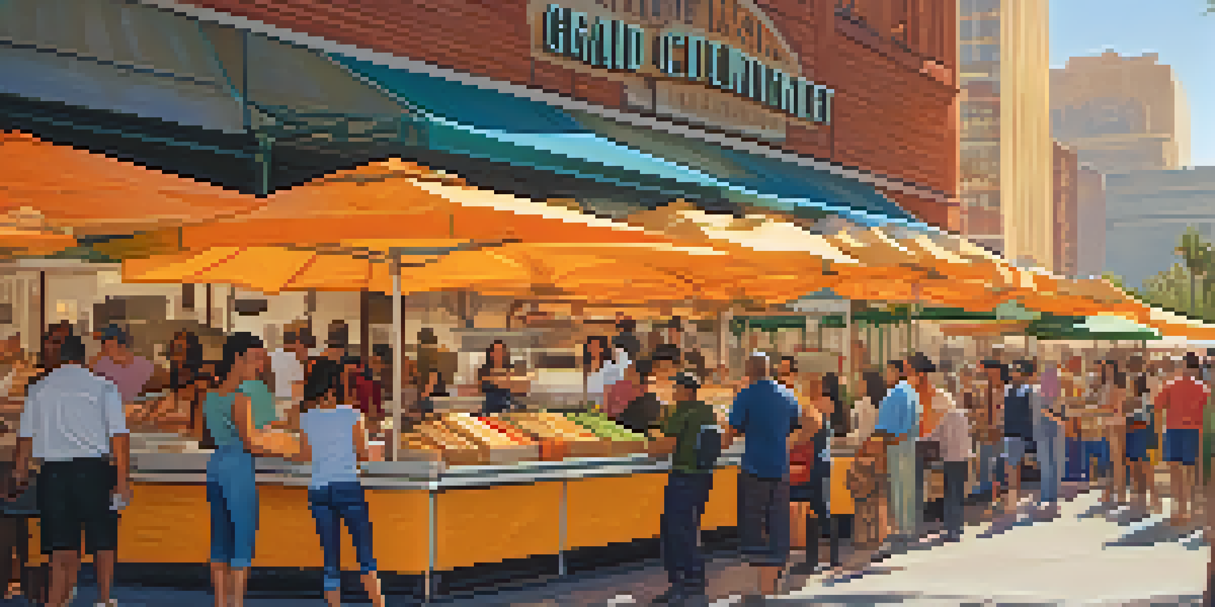 A busy outdoor food market with people enjoying various food stalls, featuring colorful tacos and grilled cheese sandwiches under bright sunlight.