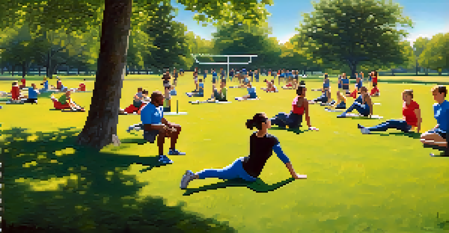 A group of people participating in an outdoor boot camp session in a park, performing exercises on a grassy field with benches and trees in the background.