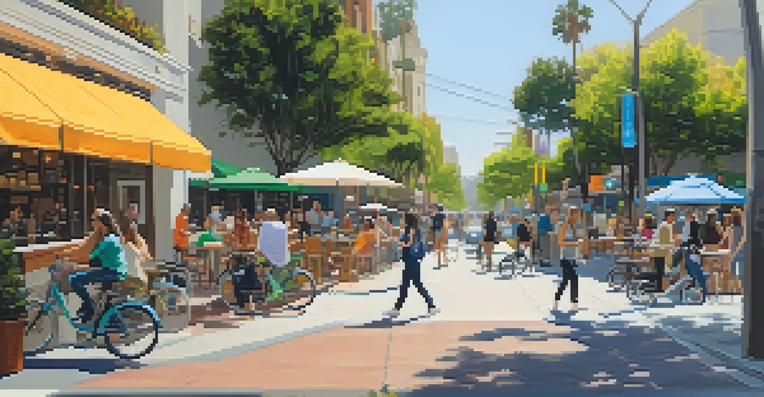 A busy urban street in Santa Monica filled with bicycles, scooters, and people enjoying outdoor cafes under sunny weather.