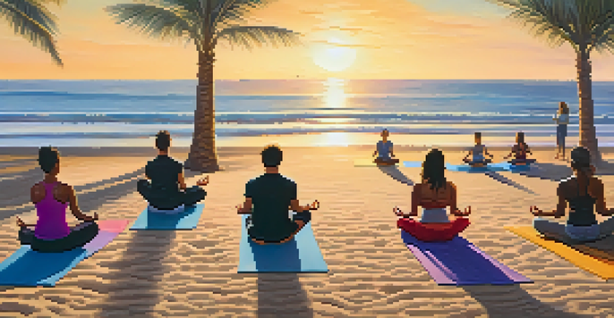 A group of people practicing yoga on the beach at sunrise, with the ocean and palm trees in the background.
