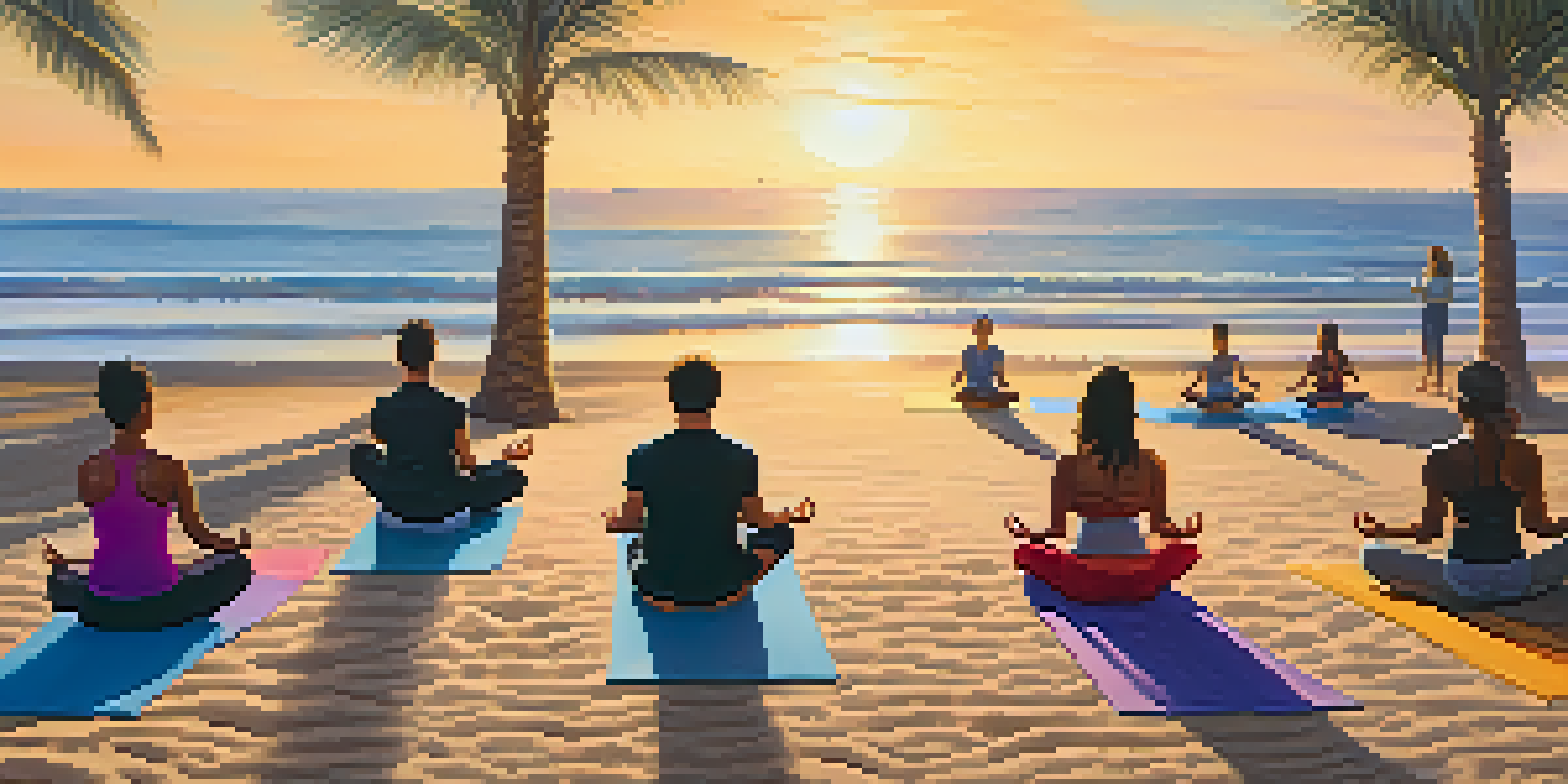 A group of people practicing yoga on the beach at sunrise, with the ocean and palm trees in the background.