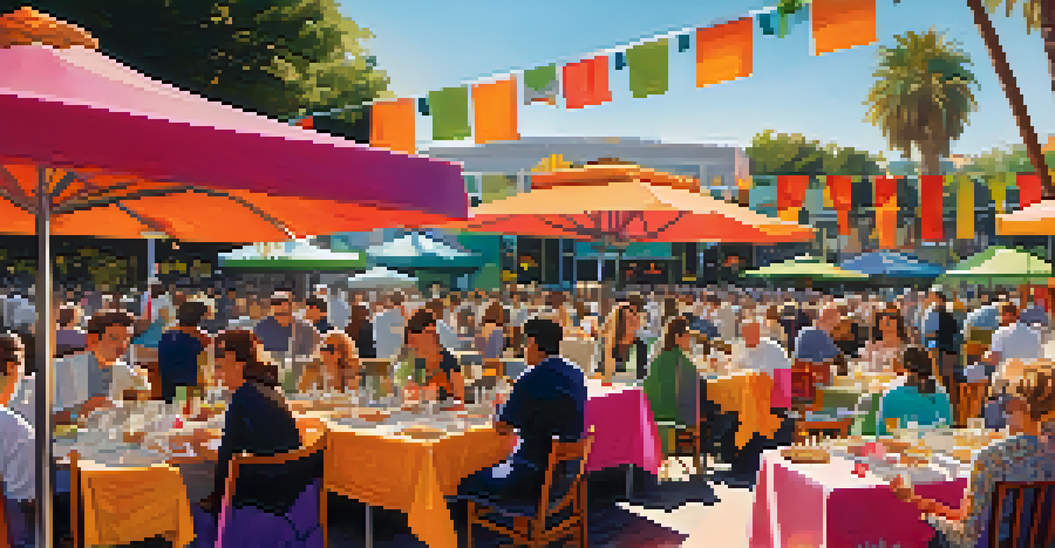 Guests enjoying gourmet food at an outdoor dining setup during the Santa Monica Food & Wine Festival, with chefs in the background.