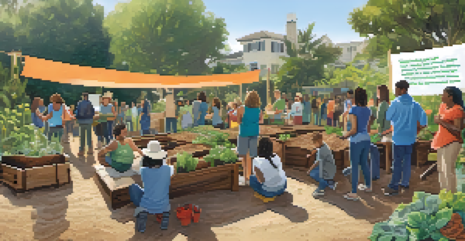A community workshop on composting in a garden with diverse participants learning and interacting.