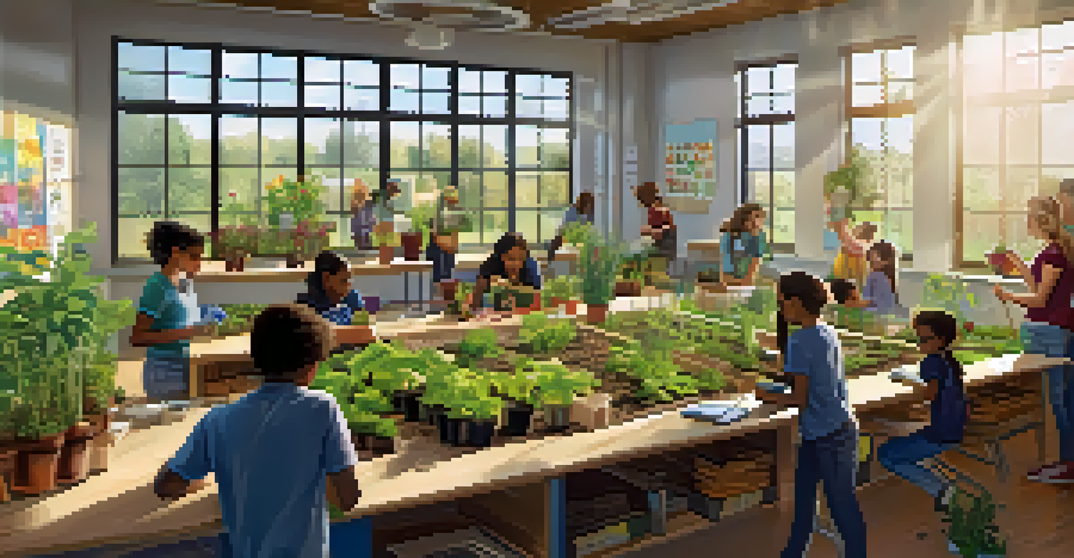 Students collaborating on a community garden project in a bright classroom decorated with sustainability posters.