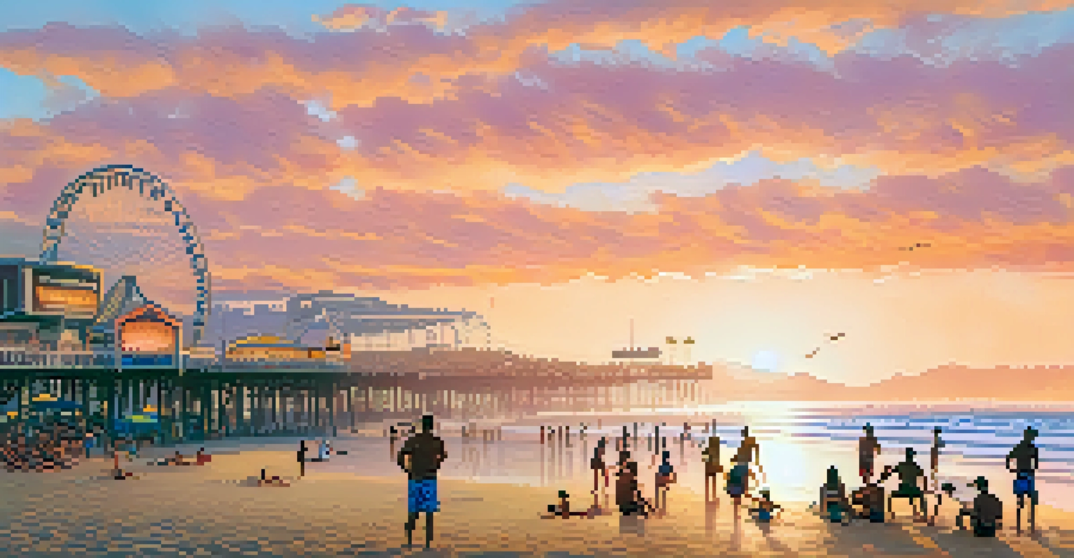 A vibrant sunset at Santa Monica Beach with sunbathers, surfers, and the Santa Monica Pier in the background.