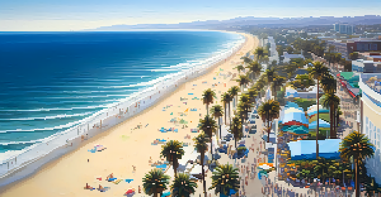 An aerial view of Santa Monica coastline, showcasing the blue ocean, sandy beaches, and palm trees.