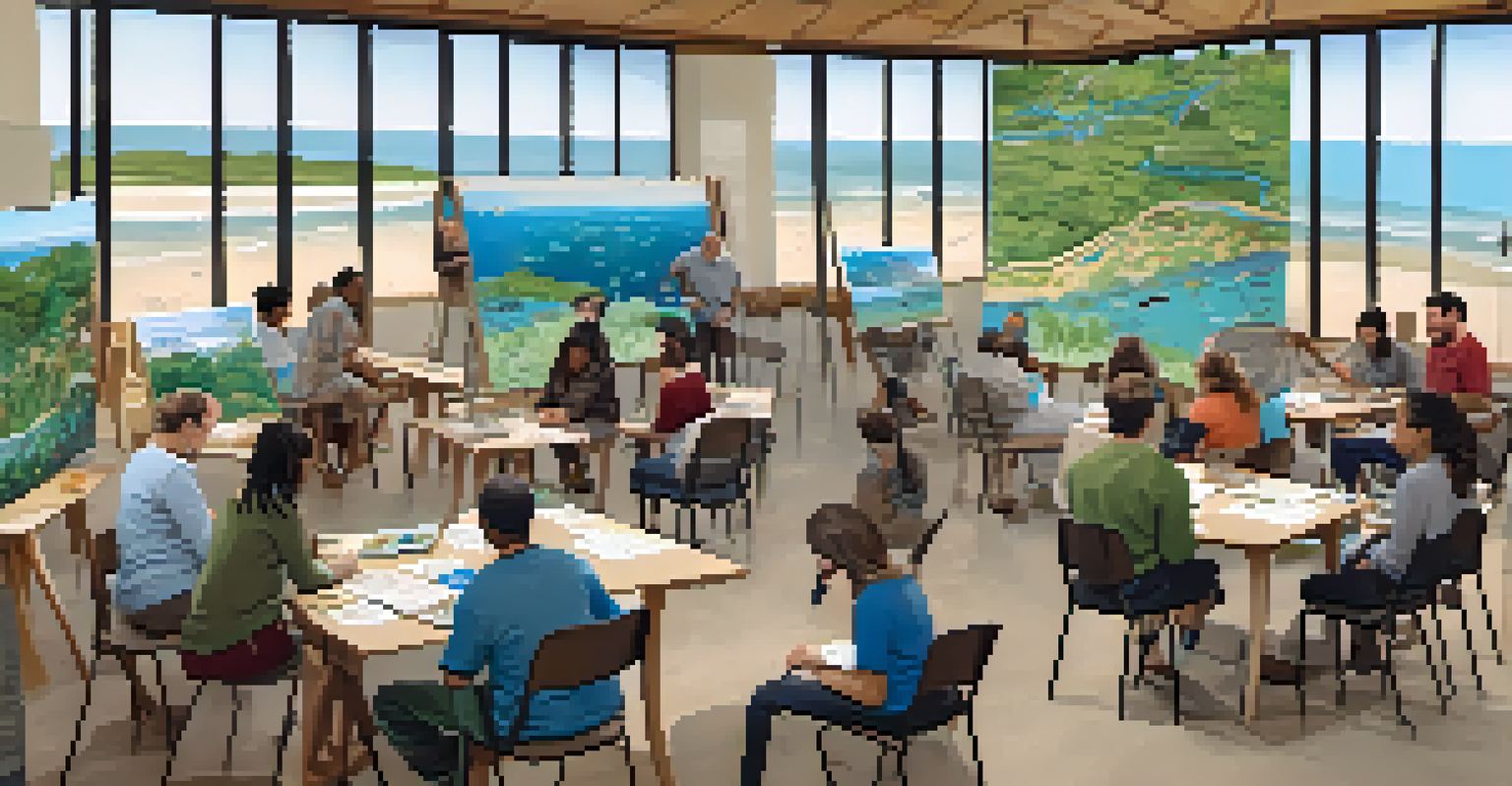 A community workshop focused on sustainable coastal protection, with residents discussing and engaging with educational materials.
