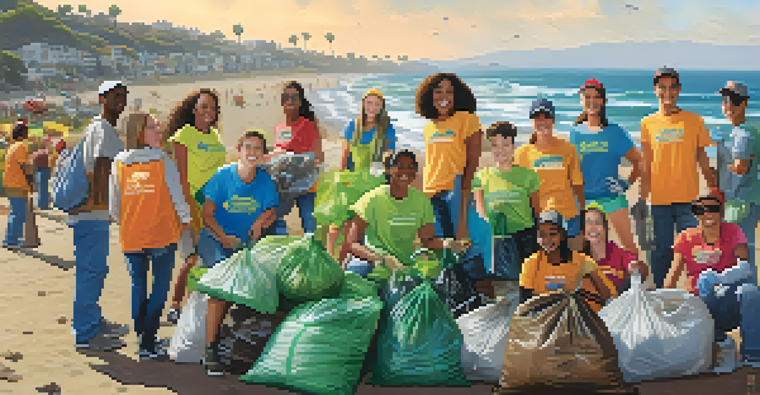 A group of young volunteers posing joyfully in front of a pile of collected trash, with the Santa Monica coastline and ocean in the background.