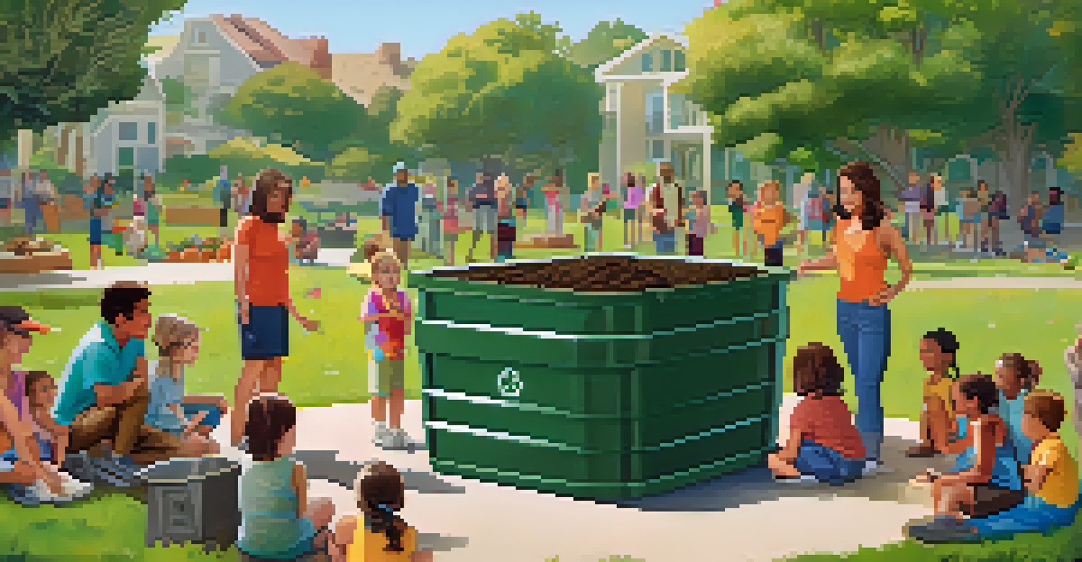 A workshop on composting with families learning about organic waste management in a sunny park.