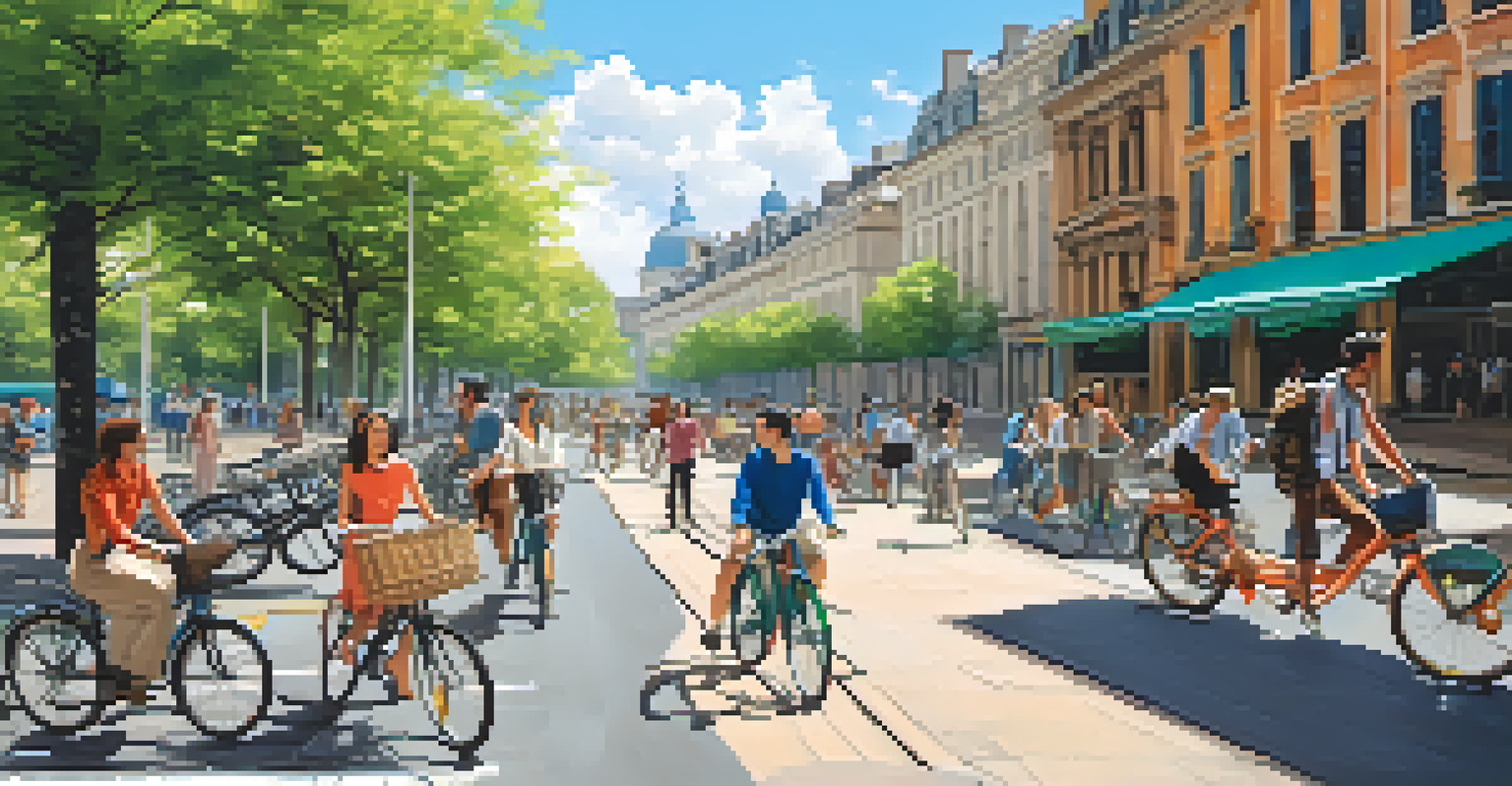 A vibrant city landscape with colorful bikes in a bicycle-sharing program near a public transport hub.