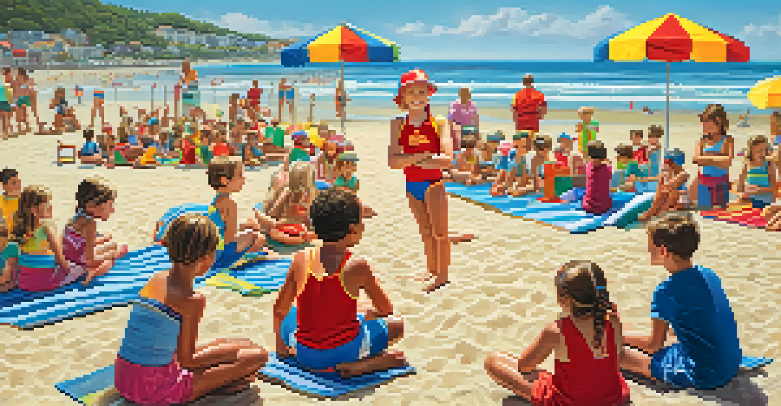 A lifeguard leading a beach safety workshop for children, demonstrating swimming techniques on a busy Santa Monica beach.