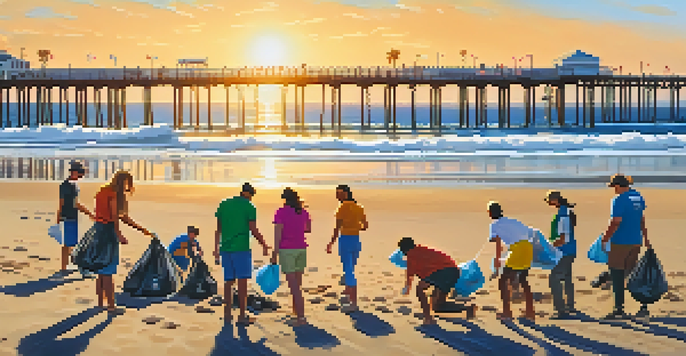 A group of diverse volunteers participating in a beach clean-up at Santa Monica, picking up litter under a bright sun.