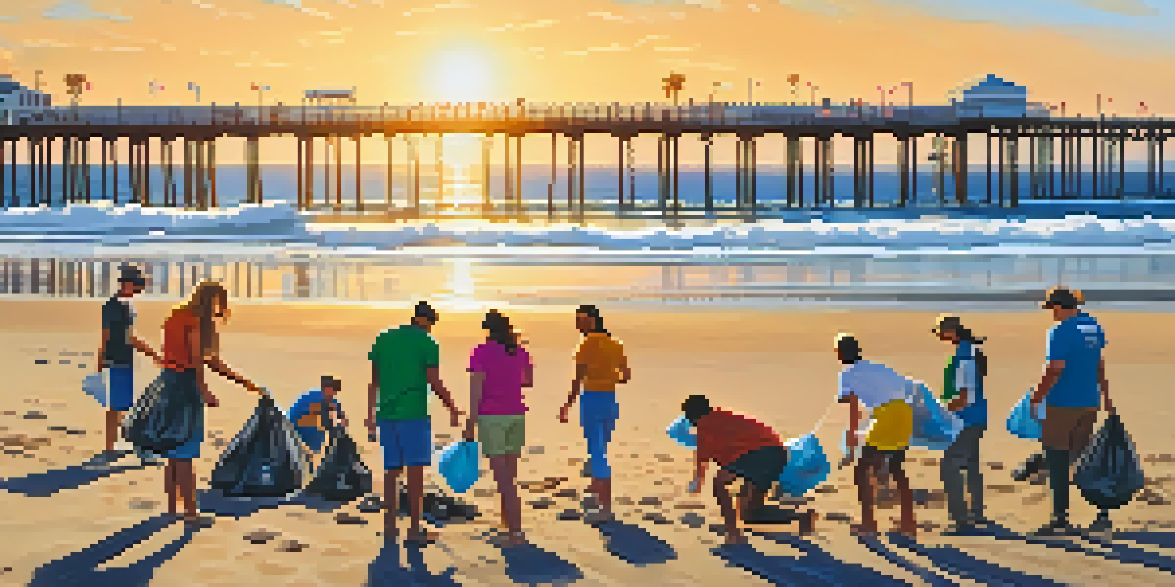 A group of diverse volunteers participating in a beach clean-up at Santa Monica, picking up litter under a bright sun.
