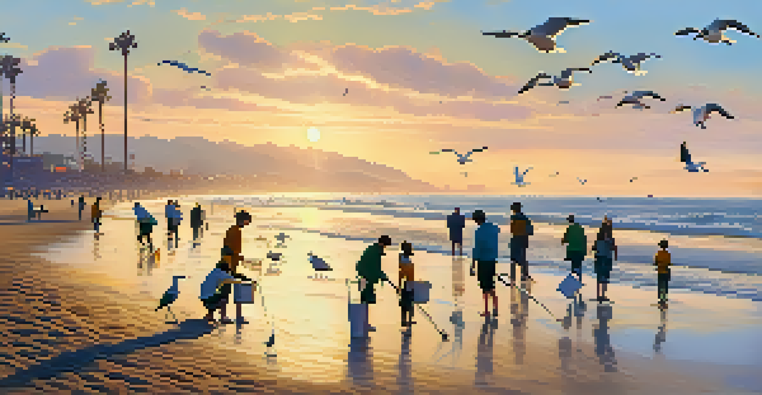 Volunteers participating in a beach cleanup at sunset, with the ocean and seagulls in the background.
