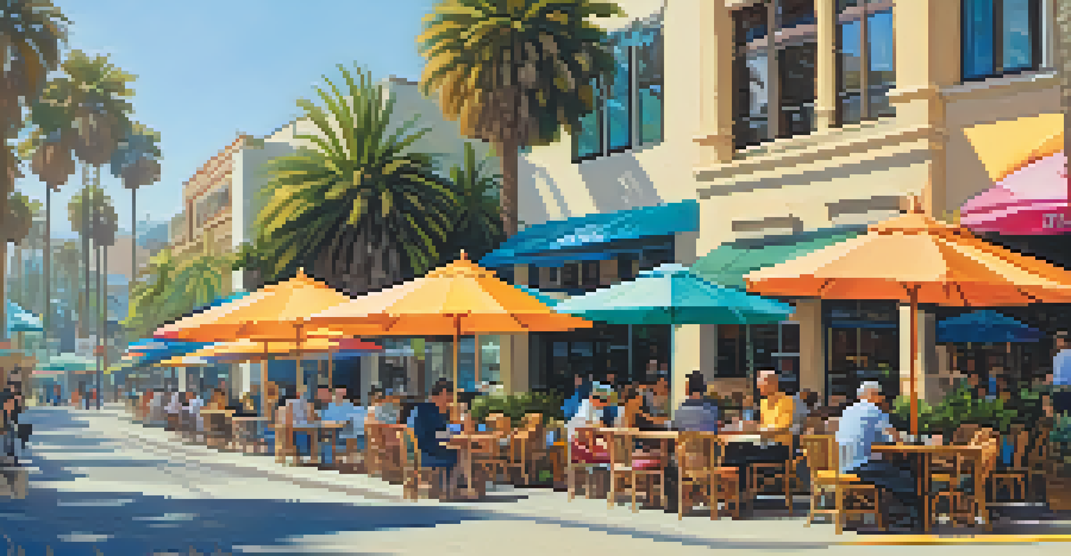 A charming outdoor café in Santa Monica filled with people working on laptops, surrounded by colorful umbrellas and blooming flowers.