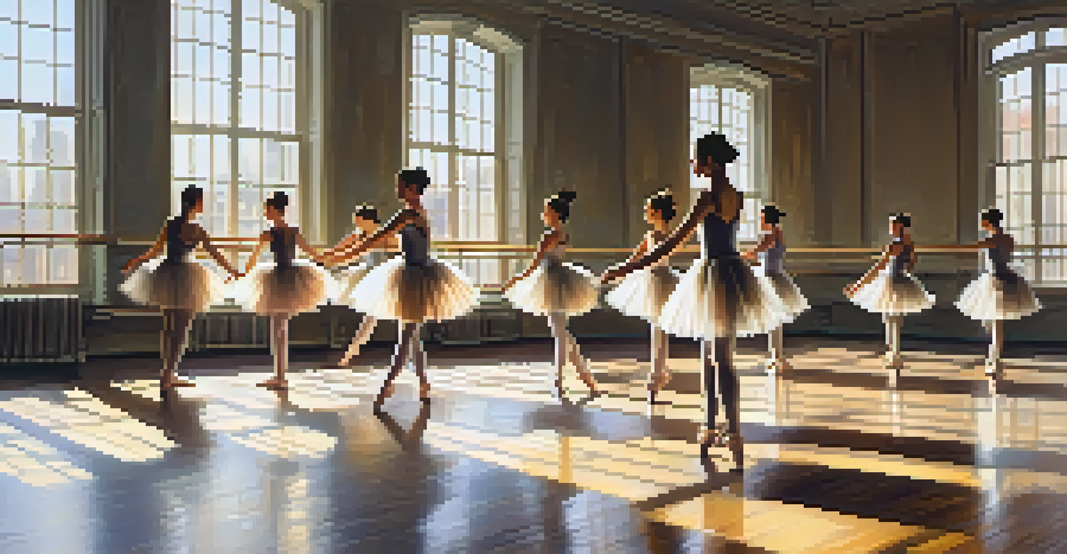 A graceful ballet class with dancers in tutus practicing at the barre in a sunlit studio.