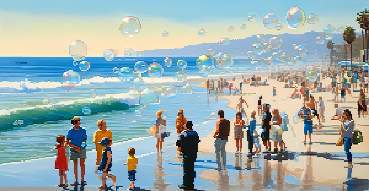 A serene beach scene featuring the playful 'Bubbles' sculpture by Paul McCarthy, with visitors taking photos and the ocean in the background.