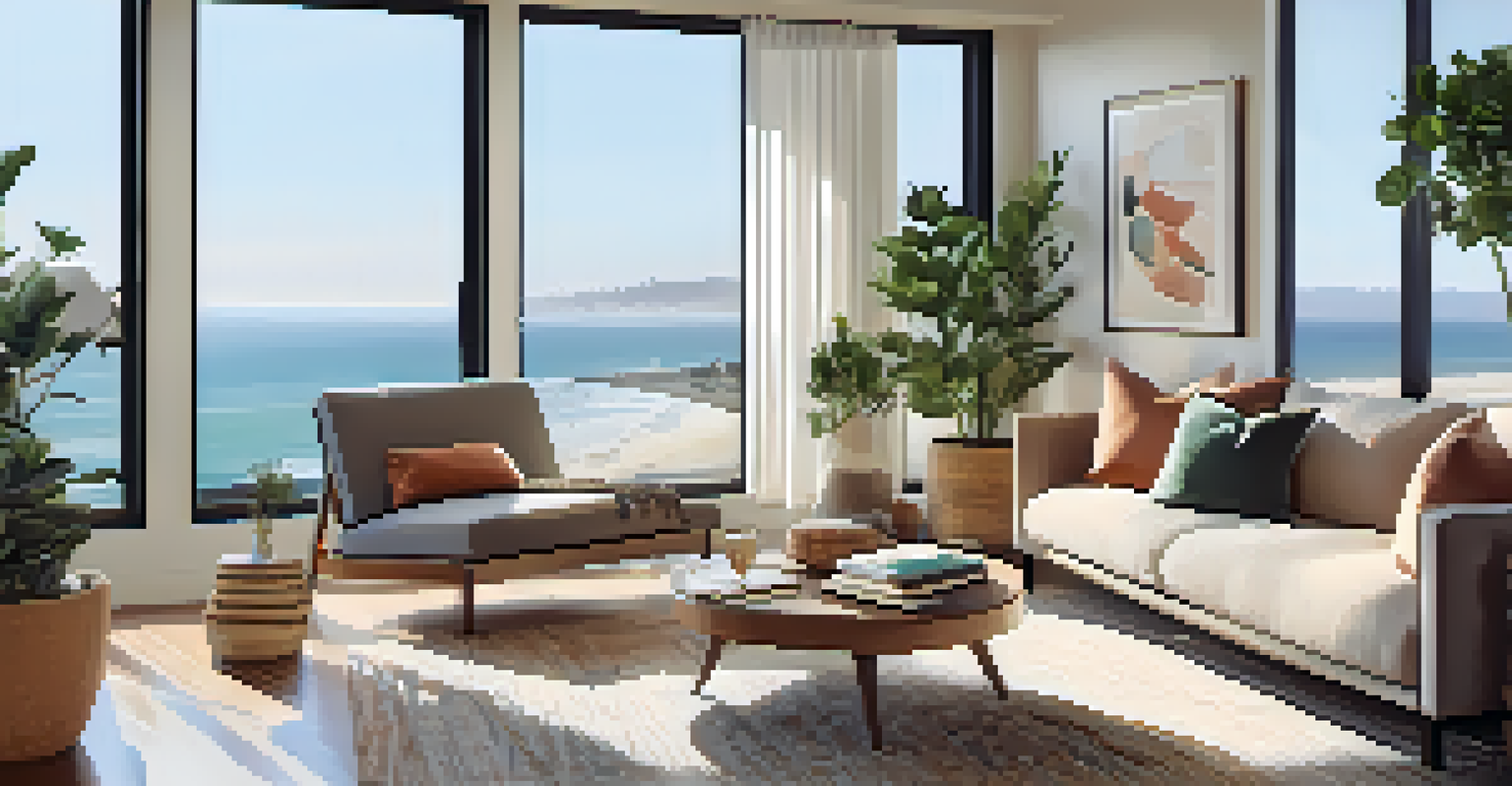 A modern rental apartment interior in Santa Monica with an open floor plan, ocean views, and contemporary decor.