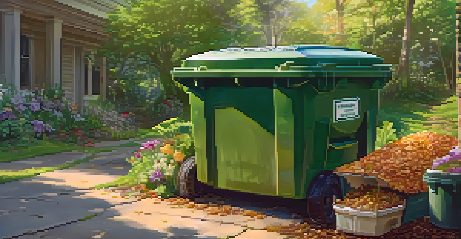 A curbside composting bin overflowing with organic waste, set against a backdrop of vibrant greenery.