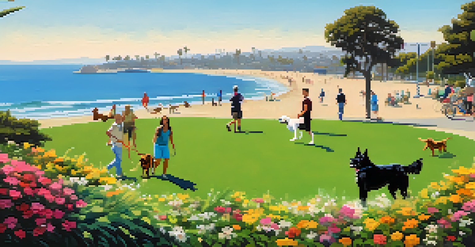 A dog park in Santa Monica filled with dogs playing, lush greenery, and owners watching with the ocean in the background.