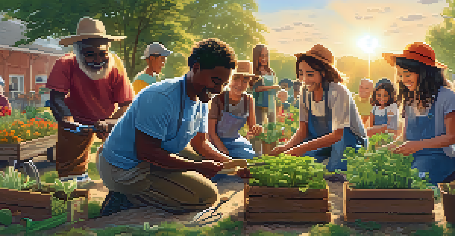 A community gardening event with people planting seeds together, surrounded by plants and gardening tools, illuminated by the warm glow of a setting sun.