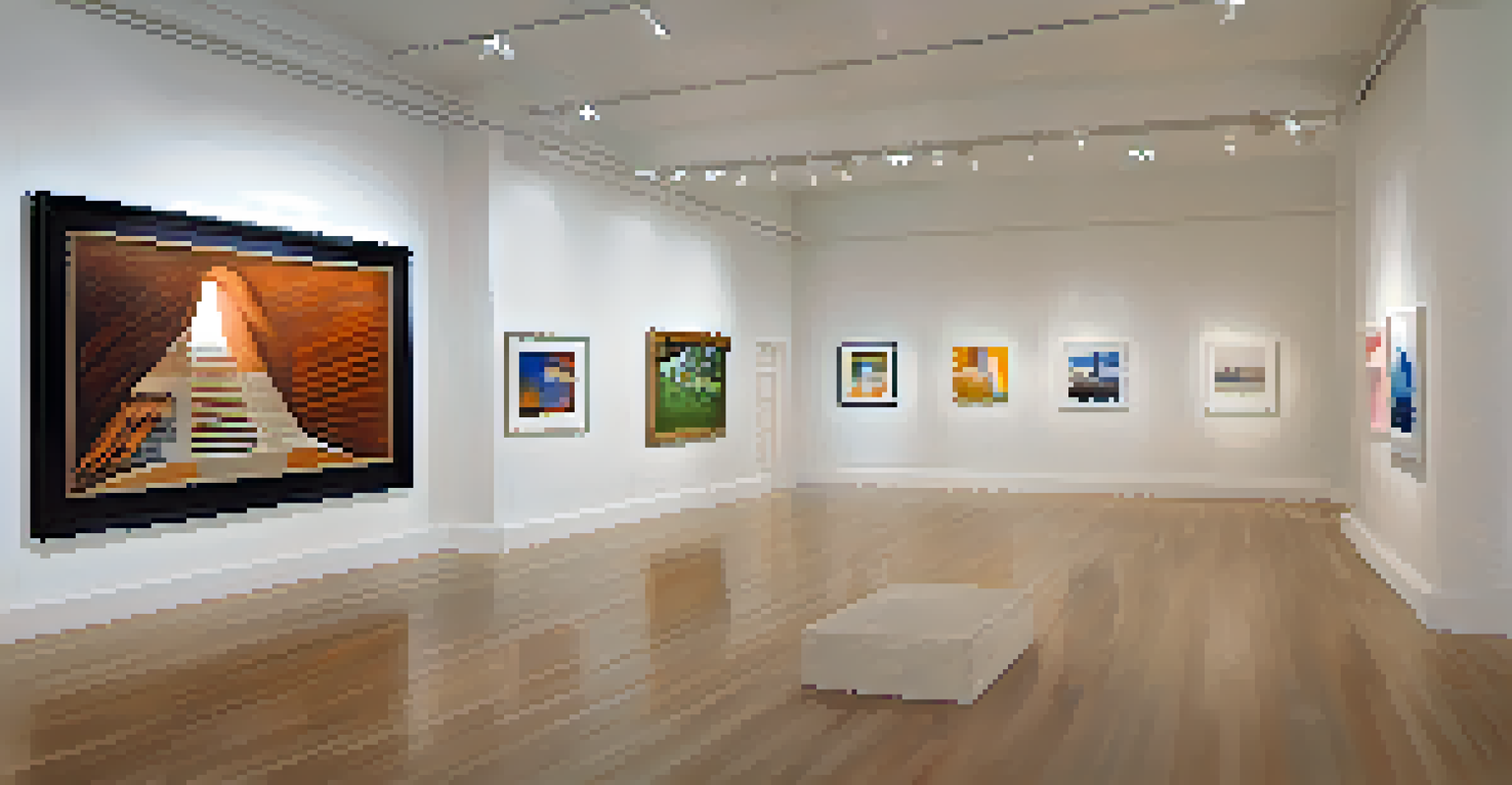 The interior of an art gallery in Santa Monica, featuring contemporary artworks and sculptures with visitors admiring the pieces under soft lighting.