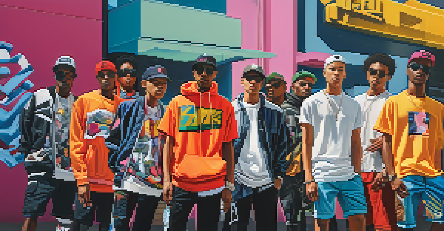A group of stylish individuals wearing Kith streetwear in front of a colorful urban backdrop, showcasing bold fashion and street art.