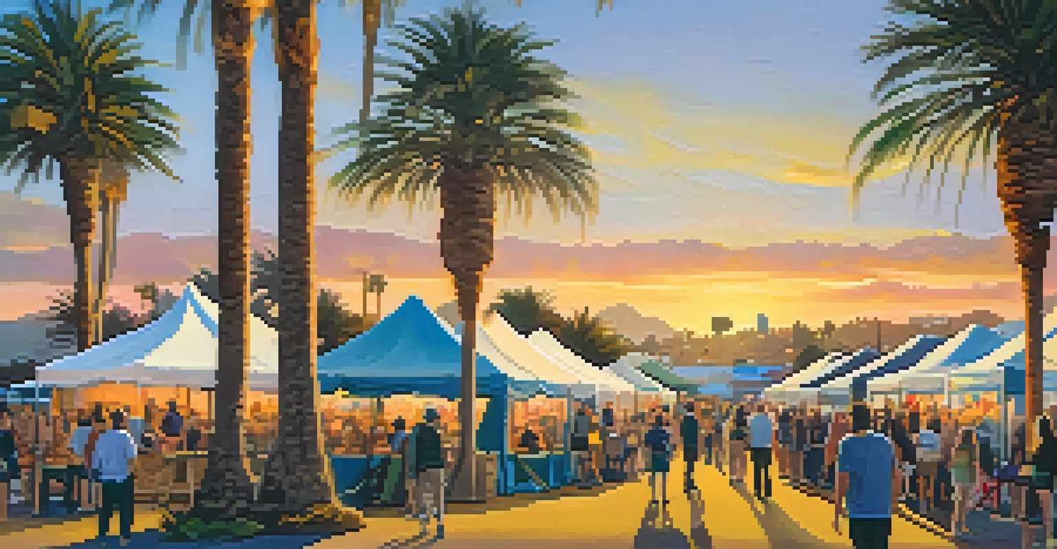 A lively outdoor art festival in Santa Monica with artists painting, colorful tents, and visitors enjoying the artwork under a sunset.