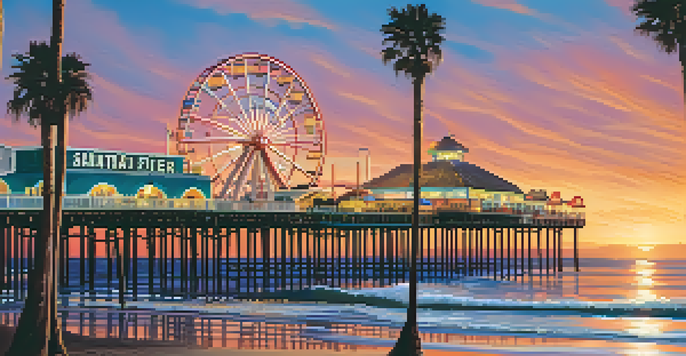 A picturesque view of Santa Monica Pier during sunset, filled with people and amusement park attractions, with colorful reflections in the ocean.