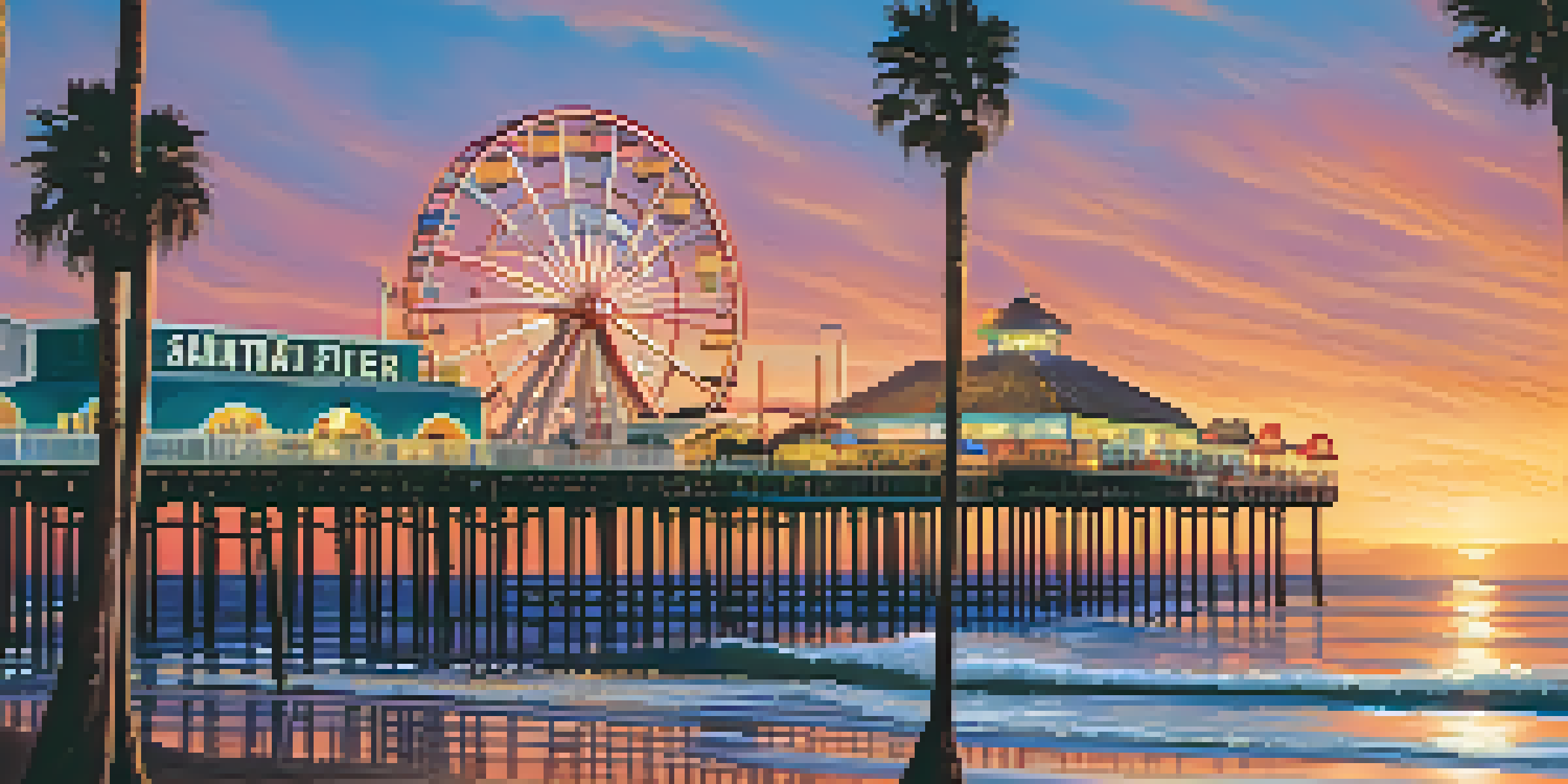 A picturesque view of Santa Monica Pier during sunset, filled with people and amusement park attractions, with colorful reflections in the ocean.