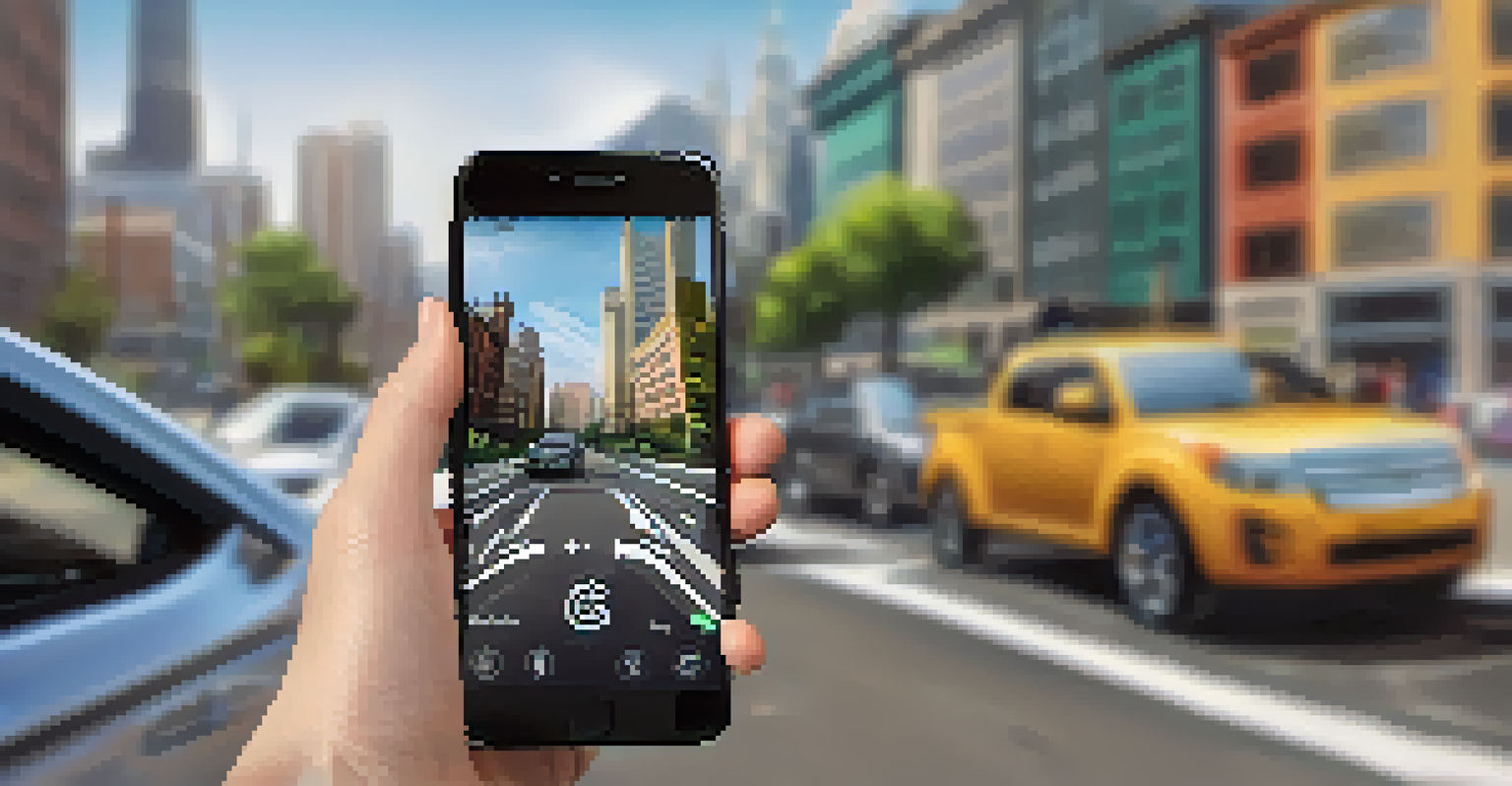 A close-up of a smartphone screen showing a car-sharing app, with a blurred shared vehicle and city buildings in the background.