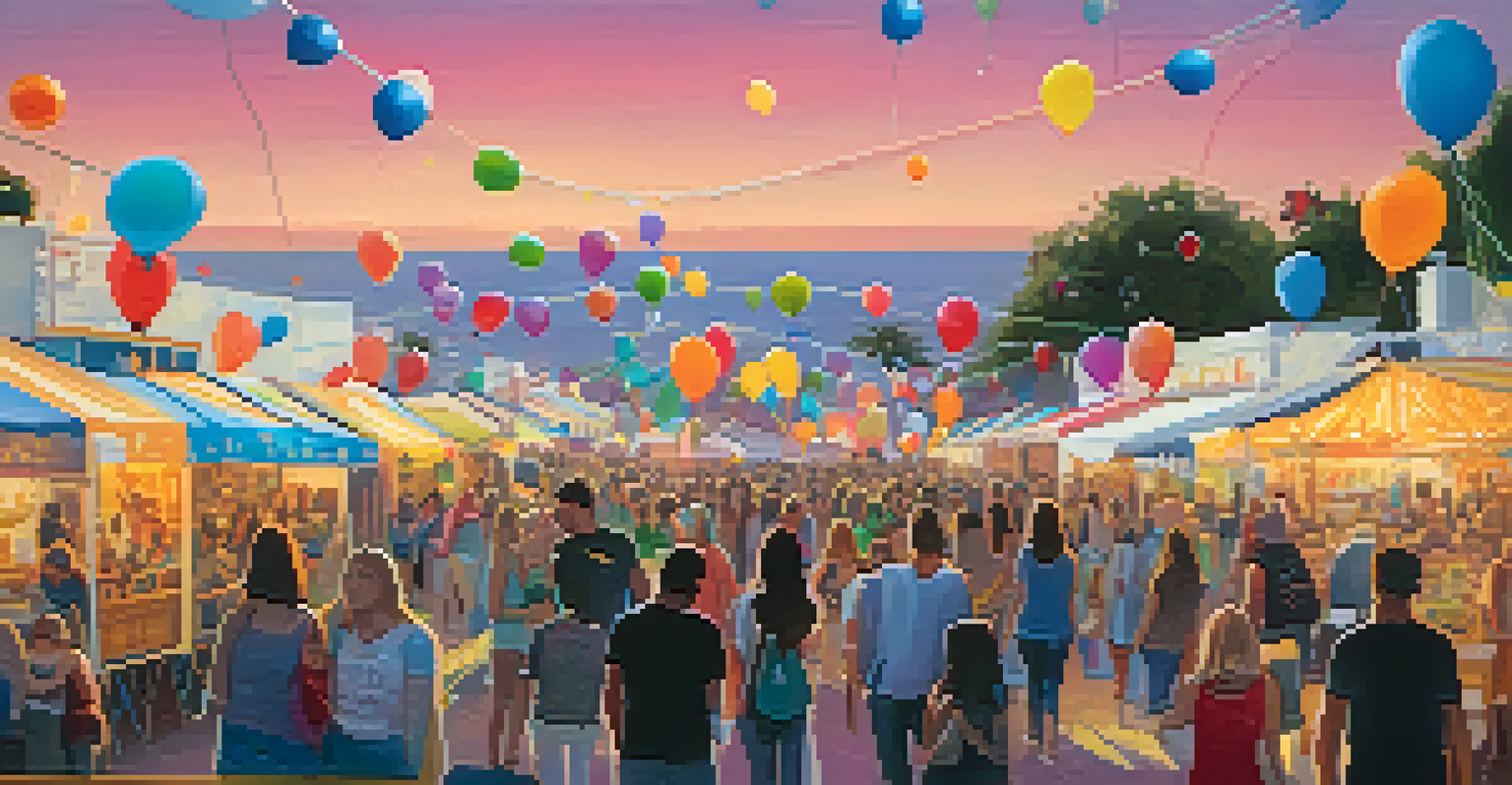 Outdoor art festival in Santa Monica with local artists painting live, colorful canvases, spectators, and balloons under string lights.