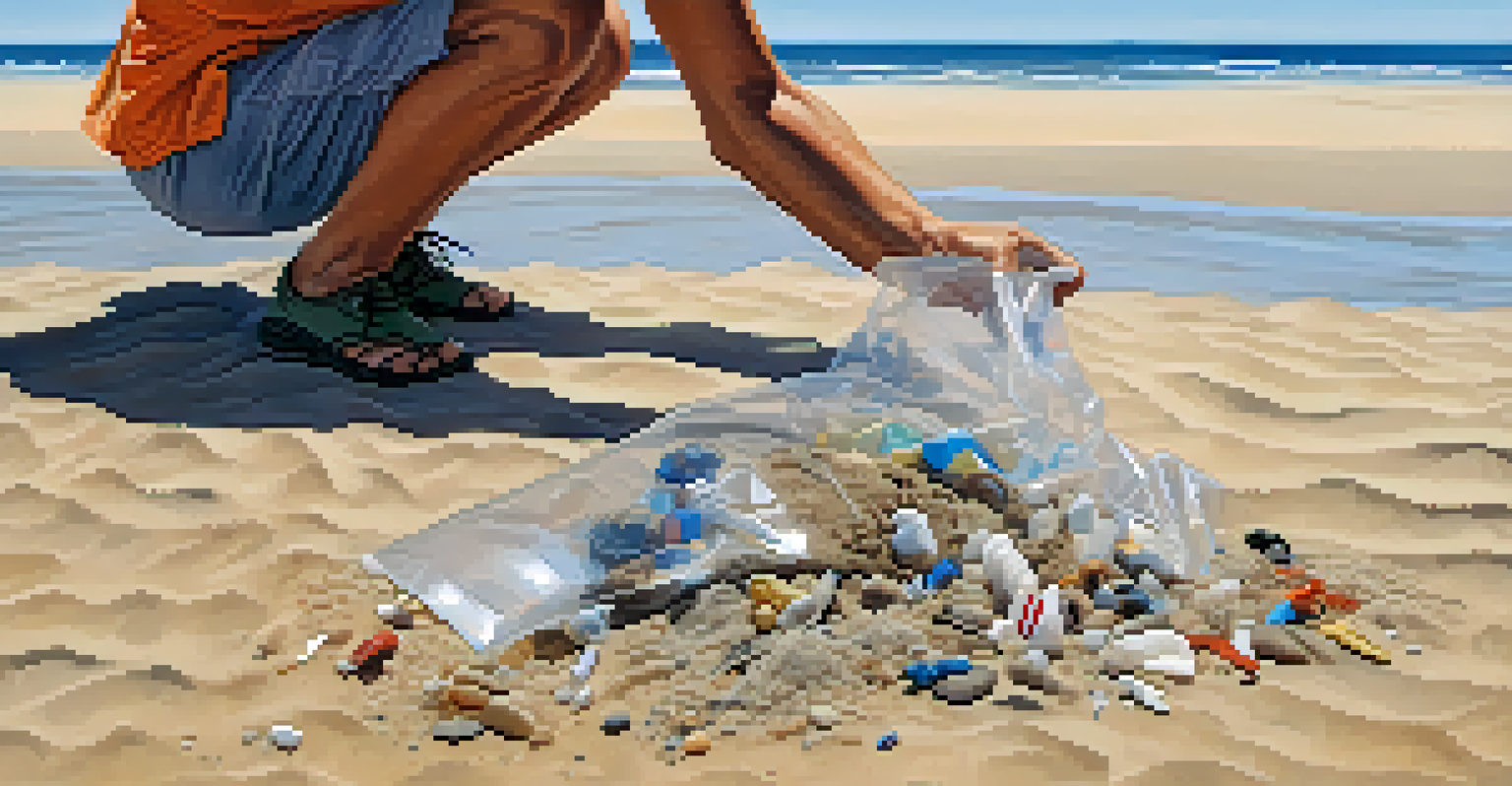 A close-up of hands collecting plastic debris from the sand on a clean beach.
