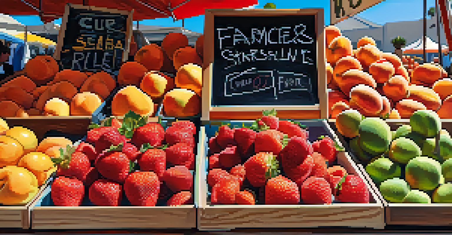 A close-up view of a vendor's stall with seasonal fruits like strawberries and peaches displayed attractively.