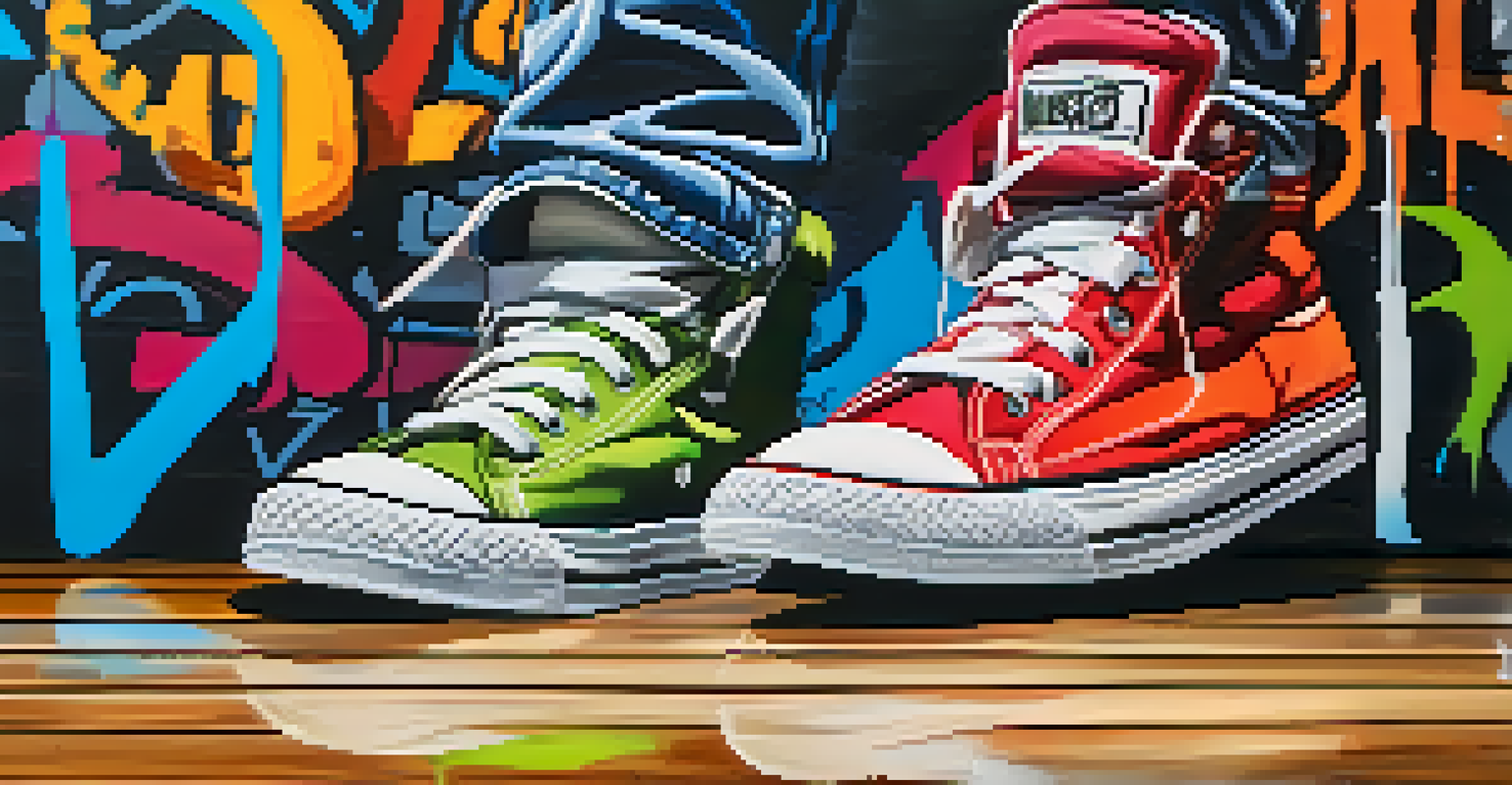 A close-up of stylish sneakers on a wooden dance floor, surrounded by colorful graffiti art in a hip hop dance studio, showcasing urban culture.