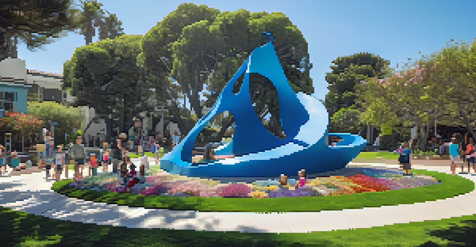 Families enjoying an outdoor art installation in Santa Monica, with children climbing on a large sculpture surrounded by greenery and the ocean in the background.