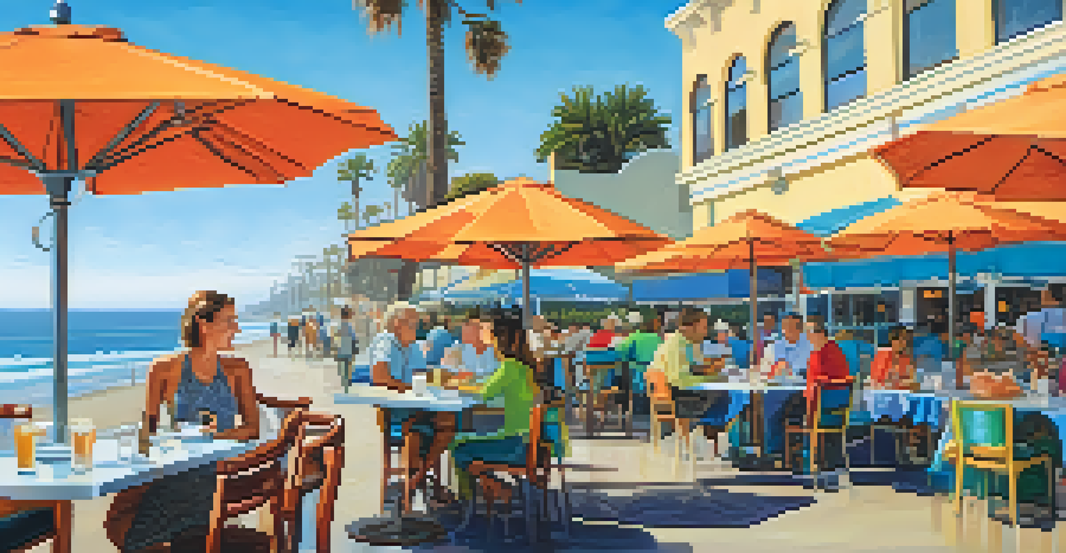 Outdoor dining at a beachside café in Santa Monica, with patrons enjoying fresh seafood and ocean views.
