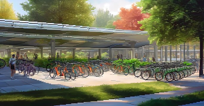 A modern bike parking hub in an urban setting, with bicycles parked and surrounded by trees and greenery.