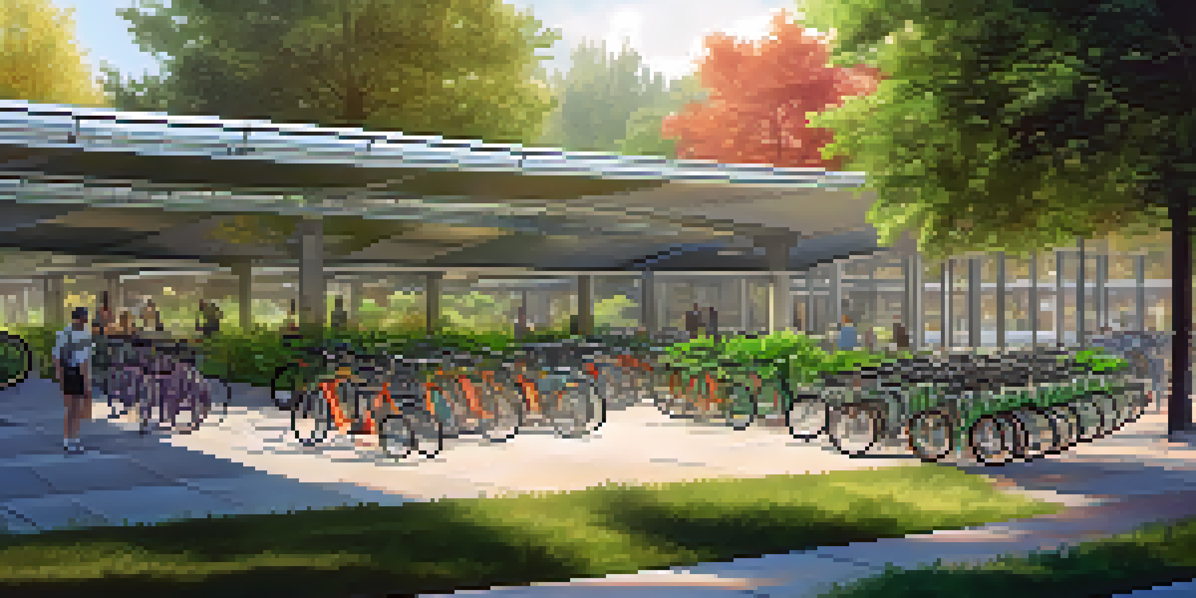 A modern bike parking hub in an urban setting, with bicycles parked and surrounded by trees and greenery.