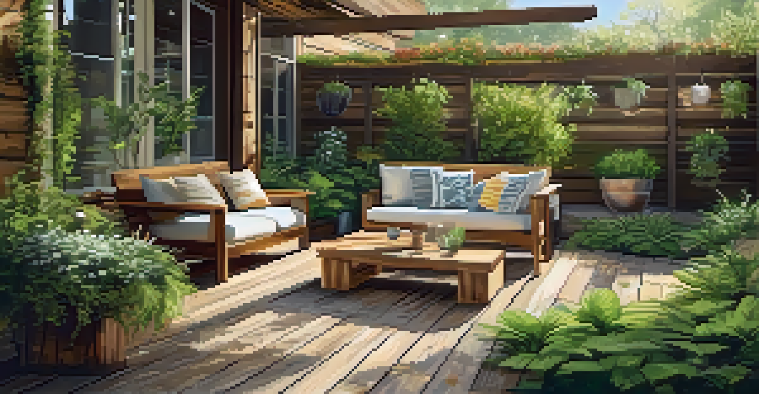 A charming patio made from reclaimed wood surrounded by native plants and soft sunlight filtering through trees.