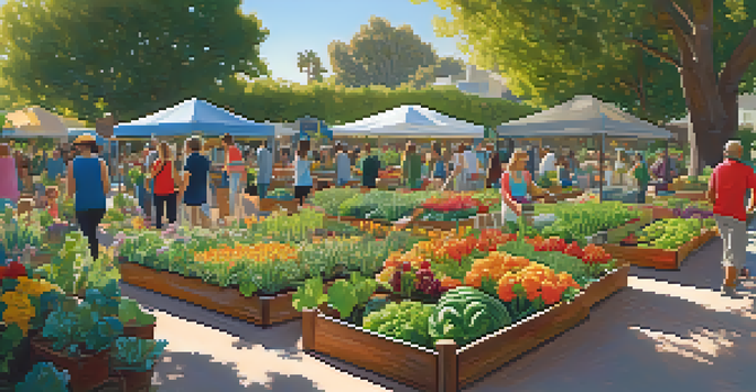 A diverse group of residents working together in a colorful community garden filled with flowers and vegetables under soft sunlight.