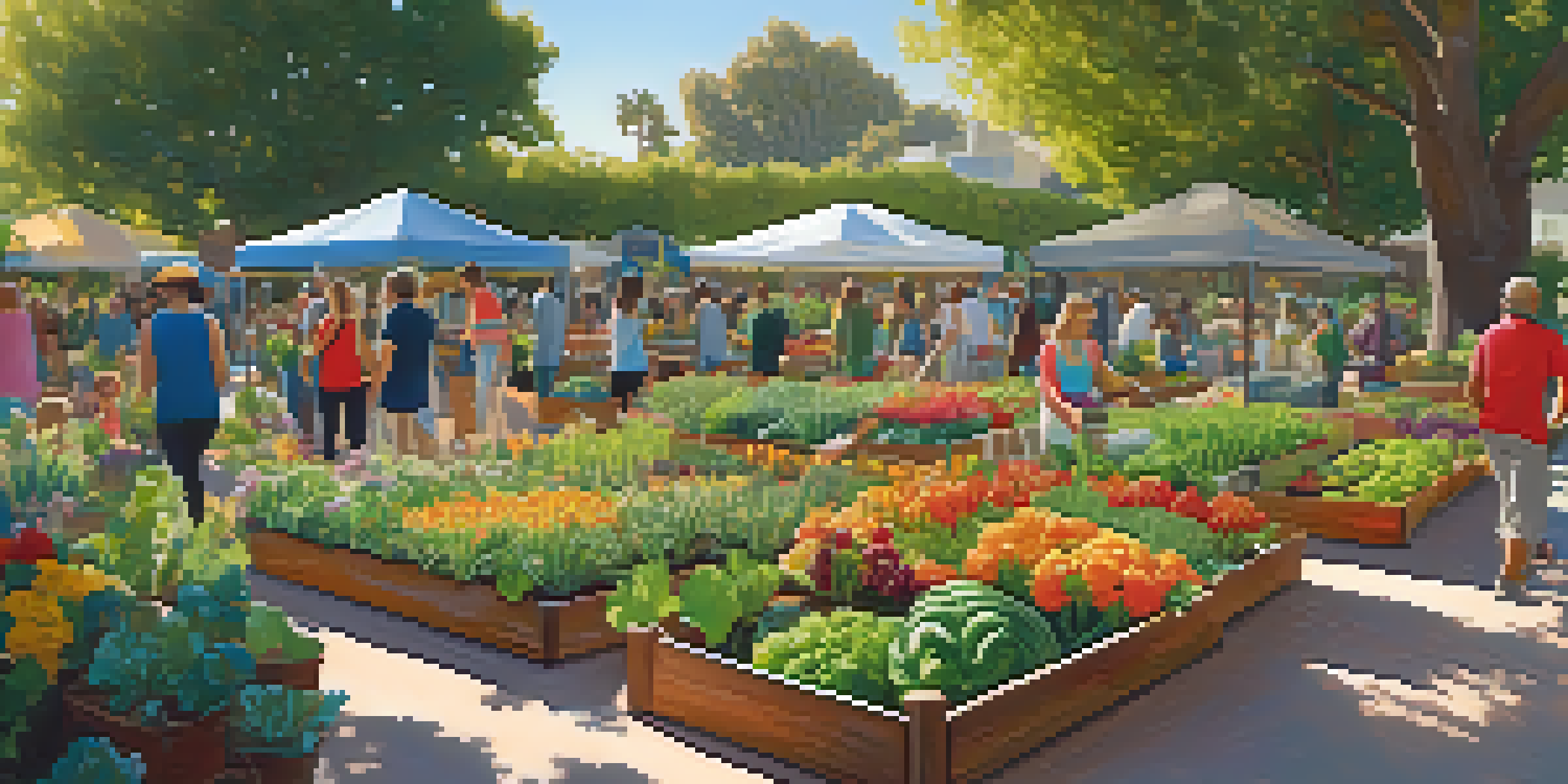 A diverse group of residents working together in a colorful community garden filled with flowers and vegetables under soft sunlight.