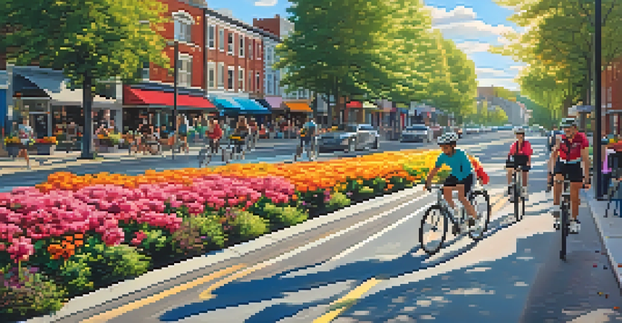 A lively city street with a bike lane filled with cyclists, trees, and shops under a sunny sky.