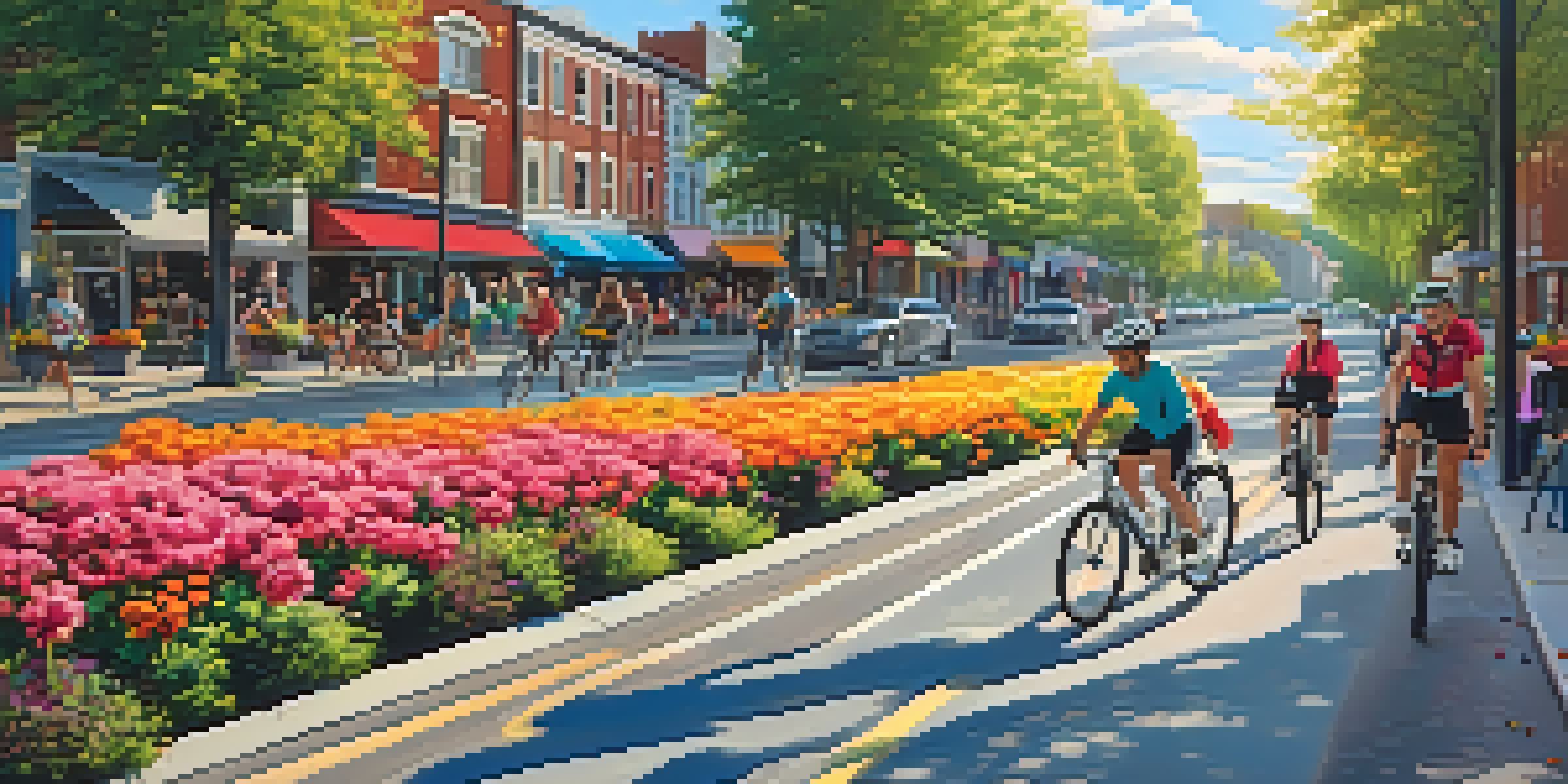 A lively city street with a bike lane filled with cyclists, trees, and shops under a sunny sky.