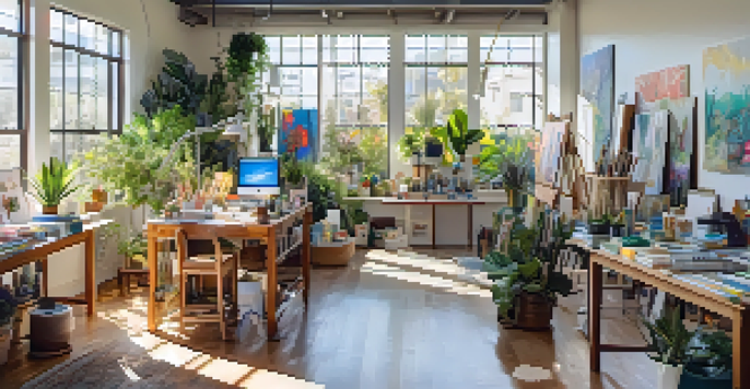 A colorful artist's collective workspace featuring artists collaborating on their artworks, with sunlight streaming in through large windows.