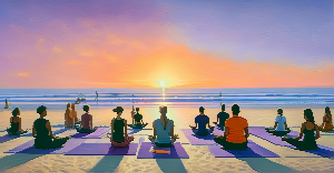 A peaceful sunset scene at Santa Monica beach where a diverse group of people is practicing yoga on the sand, with colorful skies and calm waves.